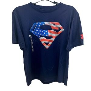 Under Armour‎ Superman HeatGear T-shirt navy blue American Flag Size YL  NWT